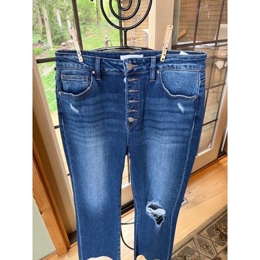 Risen Jeans Womens 11/30 Blue Distressed High Rise Button Fly Straight Leg Denim